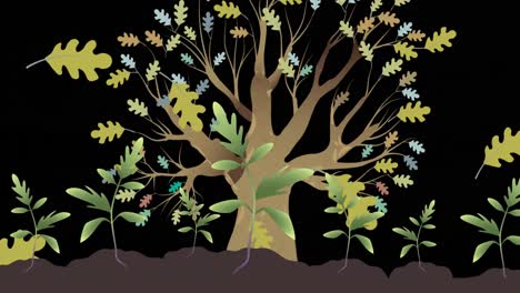 Animation-Von-Blättern,-Die-über-Einem-Baum-Auf-Schwarzem-Hintergrund-Schweben