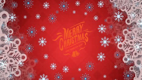 Animation-Von-Schneeflocken-über-Fröhlichem-Weihnachtstext-Auf-Rotem-Hintergrund