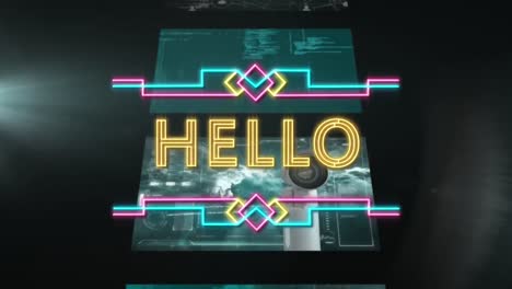 Animation-of-hello-text-over-digital-screens-on-black-background