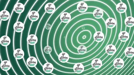 Animation-of-globes-and-circles-with-go-green-on-spiral-green-background