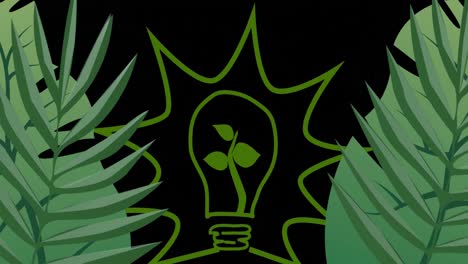 Animation-of-bulb-over-leaves-on-black-background