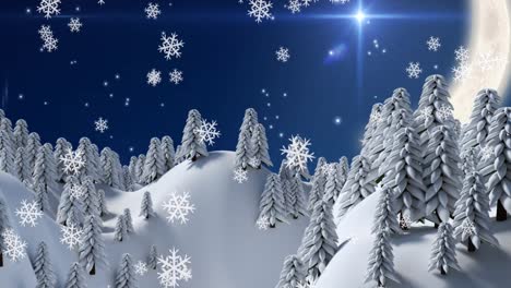 Animation-of-snow-falling-over-winter-landscape-with-trees-at-christmas