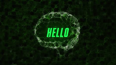 Animation-of-hello-text-over-digital-brain-on-black-background