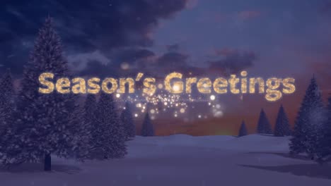 Animation-of-season's-greetings-text-with-fireworks-over-winter-landscape-at-christmas