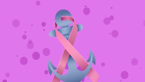 Animation-of-pink-ribbon-with-anchor-on-purple-background