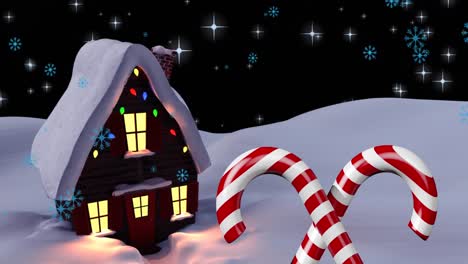 Animation-of-snow-falling-over-christmas-candy-canes-and-house-on-winter-landscape