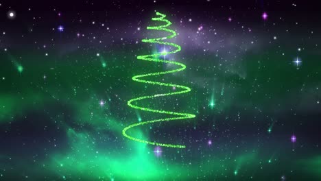 Animation-of-glowing-spots-forming-christmas-tree-over-stars-on-sky
