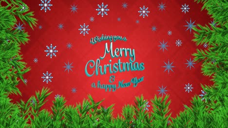 Animation-Von-Schneeflocken-Und-Tannenbaum-über-Fröhlichem-Weihnachtstext-Auf-Rotem-Hintergrund