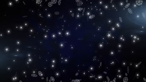 Animation-of-snowflakes-and-stars-falling-on-black-background