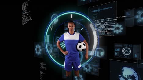 Animation-of-african-american-female-football-player-over-scope-scanning-on-black-background