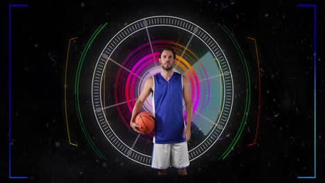 Animation-Eines-Kaukasischen-Männlichen-Basketballspielers-über-Das-Scannen-Des-Zielfernrohrs-Auf-Schwarzem-Hintergrund