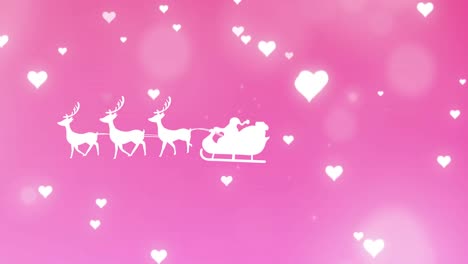 Animation-Des-Weihnachtsmannschlittens-über-Herzen-Auf-Rosa-Hintergrund