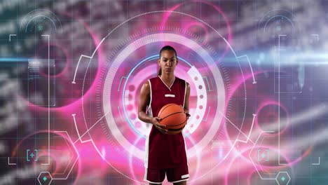 Animation-of-scope-scanning-over-biracial-female-basketball-player