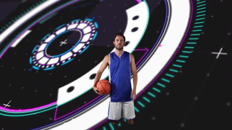Animation-of-caucasian-male-basketball-player-over-scope-scanning-on-black-background