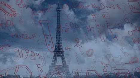Animation-of-chemical-formulas-on-cloudy-background-with-eiffel-tower