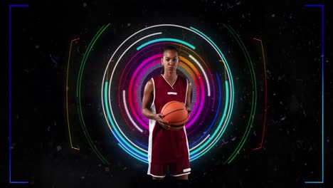 Animation-of-african-american-female-basketball-player-over-scope-scanning-on-black-background