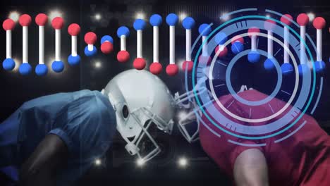 Animation-of-scope-scanning-and-dna-strand-over-diverse-male-american-football-players