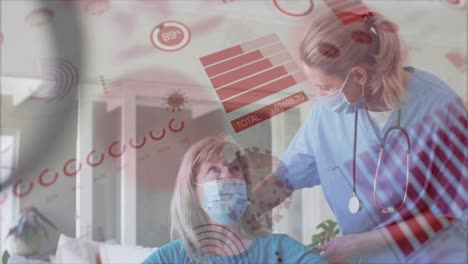 Animation-of-data-processing-over-caucasian-senior-woman-and-nurse-wearing-face-masks