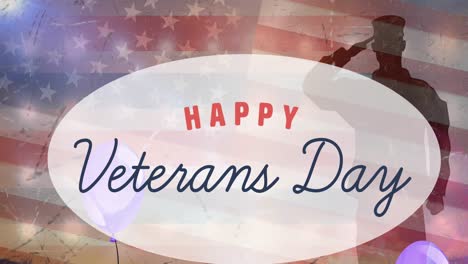 Animation-of-happy-veterans-day-text-over-balloons,-soldier-silhouette-and-american-flag