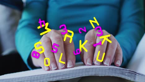 Animation-of-letters-and-numbers-over-caucasian-woman-reading-braille