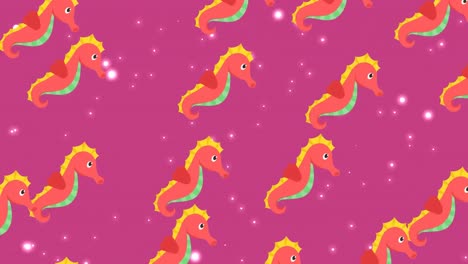 Animation-of-multiple-seahorses-over-glowing-spots-on-purple-background
