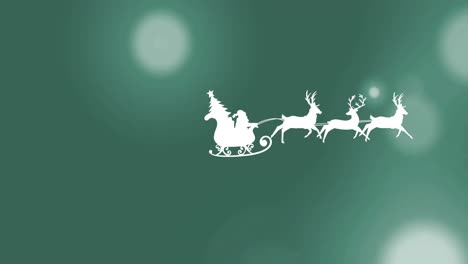 Animation-of-santa-sleigh-over-lights-on-green-background