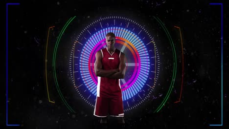 Animation-of-african-american-sportsman-with-arms-crossed-over-scope-scanning-on-black-background