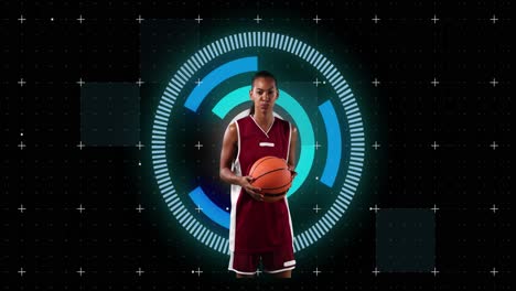 Animation-of-african-american-female-basketball-player-over-scope-scanning-on-black-background