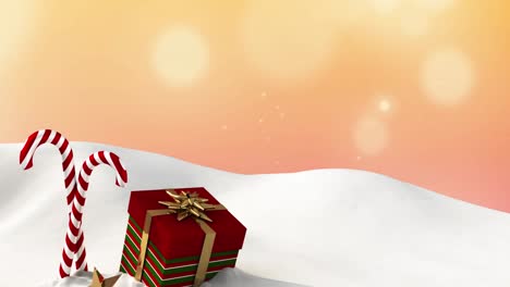 Animation-of-presents-and-christmas-candies-lying-on-snow-with-yellow-lights-falling-in-background