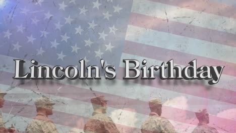 Animación-Del-Texto-Del-Cumpleaños-De-Lincoln-Sobre-Diversos-Soldados-Y-Bandera-Estadounidense.