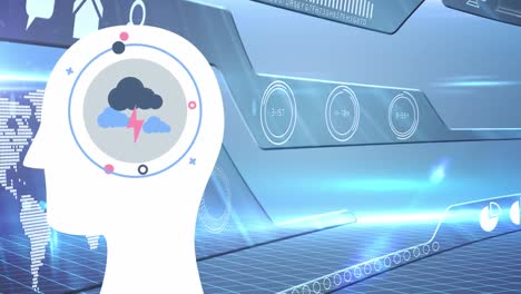 Animation-Eines-Menschlichen-Kopfes-Mit-Wolken-Und-Digitalen-Bildschirmen-Auf-Blauem-Hintergrund