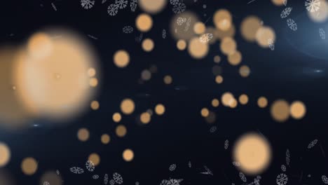 Animation-of-snowflakes-and-golden-lights-on-black-background