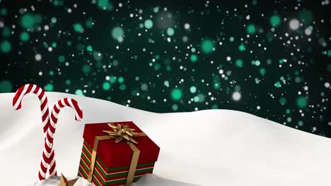 Animation-Von-Geschenken-Und-Weihnachtssüßigkeiten,-Die-Auf-Schnee-Liegen,-Mit-Grünen-Lichtern,-Die-Im-Hintergrund-Fallen