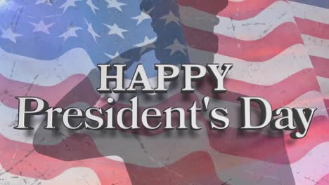 Happy-Presidents-Day-Text-über-Amerikanischer-Flagge-Vor-Der-Silhouette-Eines-Salutierenden-Soldaten
