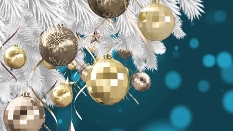 Animation-of-baubles-on-christmas-tree-over-lights-on-blue-background