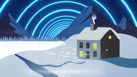 Animation-of-snow-falling-in-winter-landscape-with-aurora-borealis-and-house