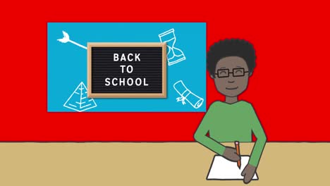 Animation-of-african-american-schoolboy-writing-with-back-to-school-text-on-letter-board