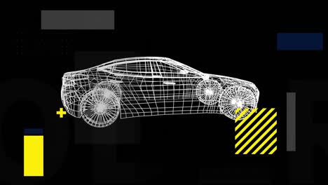 Animation-of-falling-shapes-over-3d-car-drawing-spinning-on-black-background