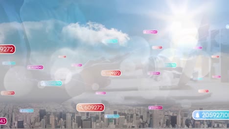 Animation-of-network-of-connection-with-icons-over-cityscape