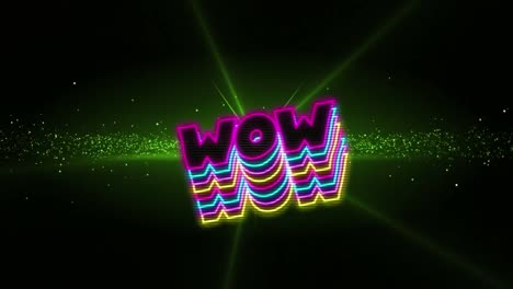 Animation-of-wow-text-over-green-lights-and-wave