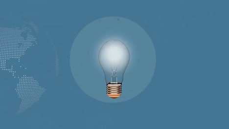 Animation-of-lightbulb-icon-and-world-map-on-blue-background