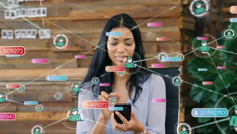 Animation-of-network-of-connection-with-icons-over-woman-using-smartphone