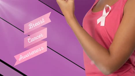 Animation-of-breast-cancer-awareness-text-with-white-ribbon-on-woman-in-pink-vest