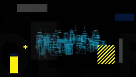Animation-Fallender-Formen-über-Einer-3D-Stadtzeichnung,-Die-Sich-Auf-Schwarzem-Hintergrund-Dreht