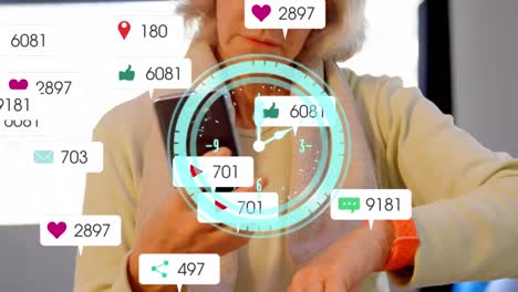 Animation-of-clock-over-social-media-icons-and-senior-woman-using-smartphone