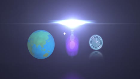 Animation-Einer-Uhr-über-Lichtern-Und-Einem-Sich-Drehenden-Globus