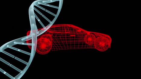 Animation-Eines-DNA-Strangs-über-Einer-3D-Autozeichnung,-Die-Sich-Auf-Schwarzem-Hintergrund-Dreht
