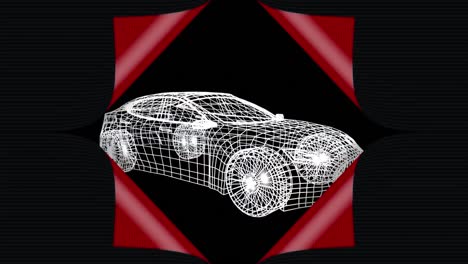 Animation-of-opening-paper-over-3d-car-drawing-spinning-on-black-background