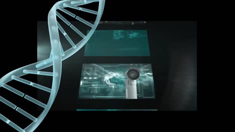 Animation-Eines-Sich-Drehenden-DNA-Strangs-über-Bewegliche-Bildschirme-Mit-Datenverarbeitung
