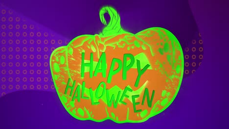 Texto-De-Feliz-Halloween-Sobre-Calabaza-De-Halloween-Contra-Ondas-Digitales-Texturizadas-Sobre-Fondo-Púrpura